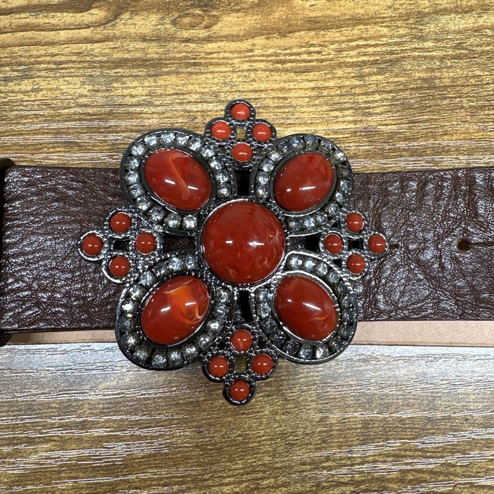 Harold's Leather Belt Brown MADE IN ITALY Red Rhinestones Medium Boho Western